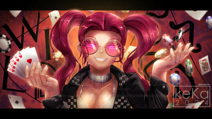 Kasane Teto holding cards while tossing up poker chips. Inspired by the song [WILDCARD] by KIRA.