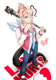 Alternative outfit for my streamer persona. A cupid with a baseball bat instead of a bow and arrow. She's also rocking a more school-girl delinquent fashion attire.